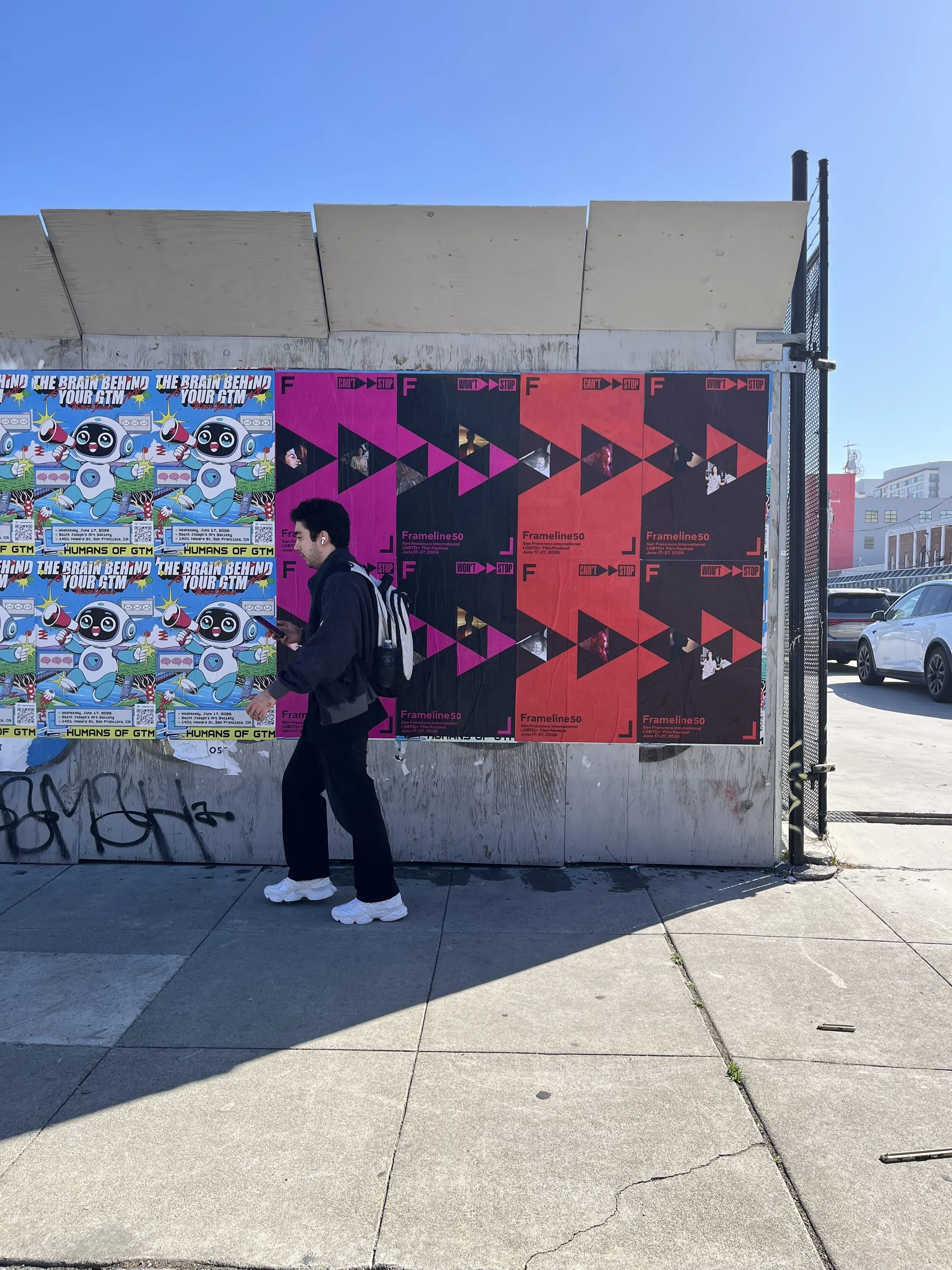 Frameline50 LGBTQ+ film festival wheatpaste posters in San Francisco, documented street install, by Beyond Street Media