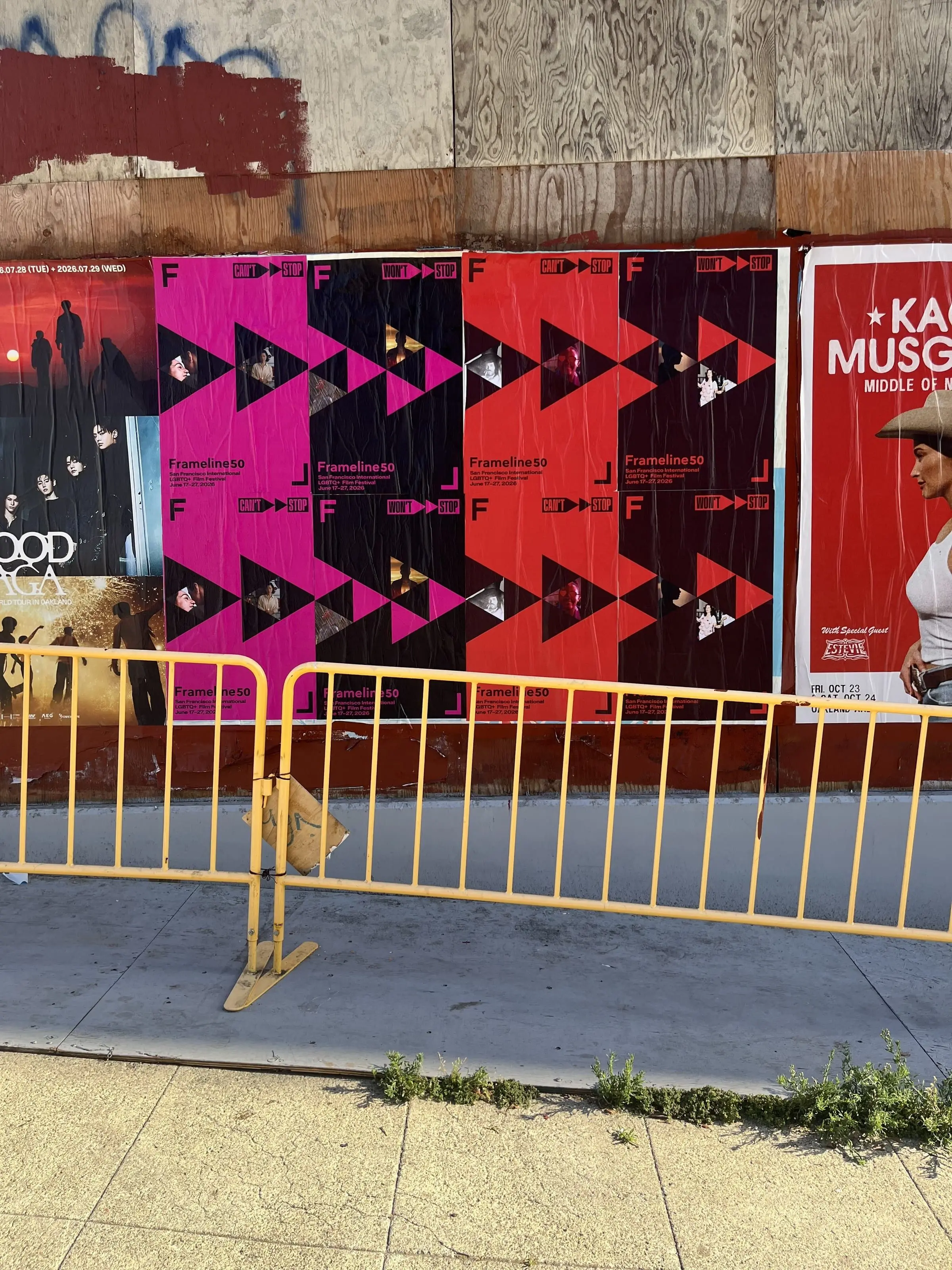 Frameline50 LGBTQ+ film festival wheatpaste posters in San Francisco, documented street install, by Beyond Street Media