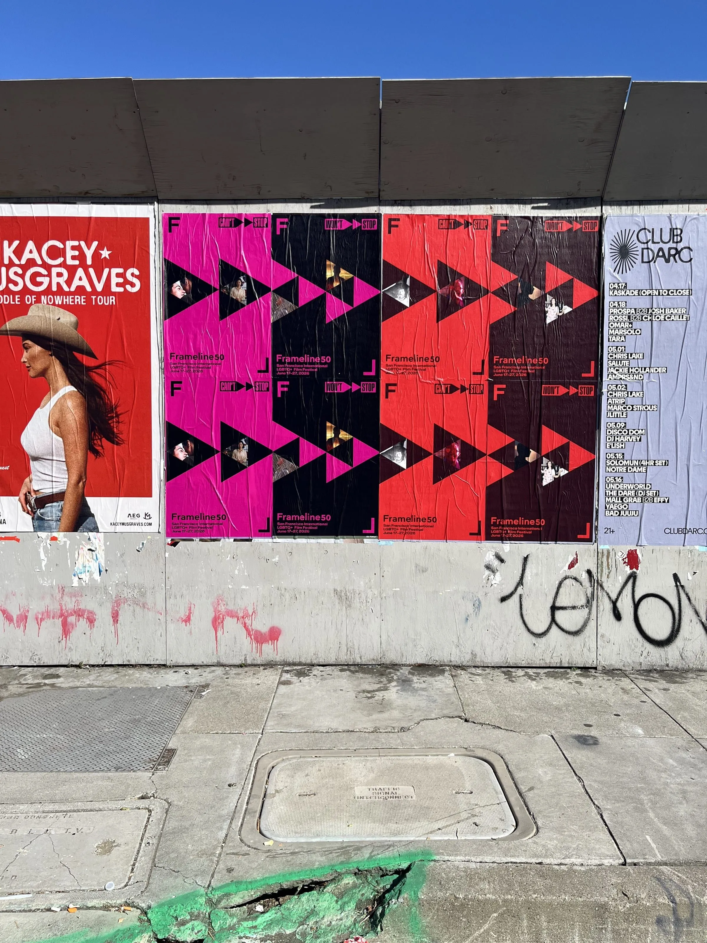 Frameline50 LGBTQ+ film festival wheatpaste posters in San Francisco, documented street install, by Beyond Street Media