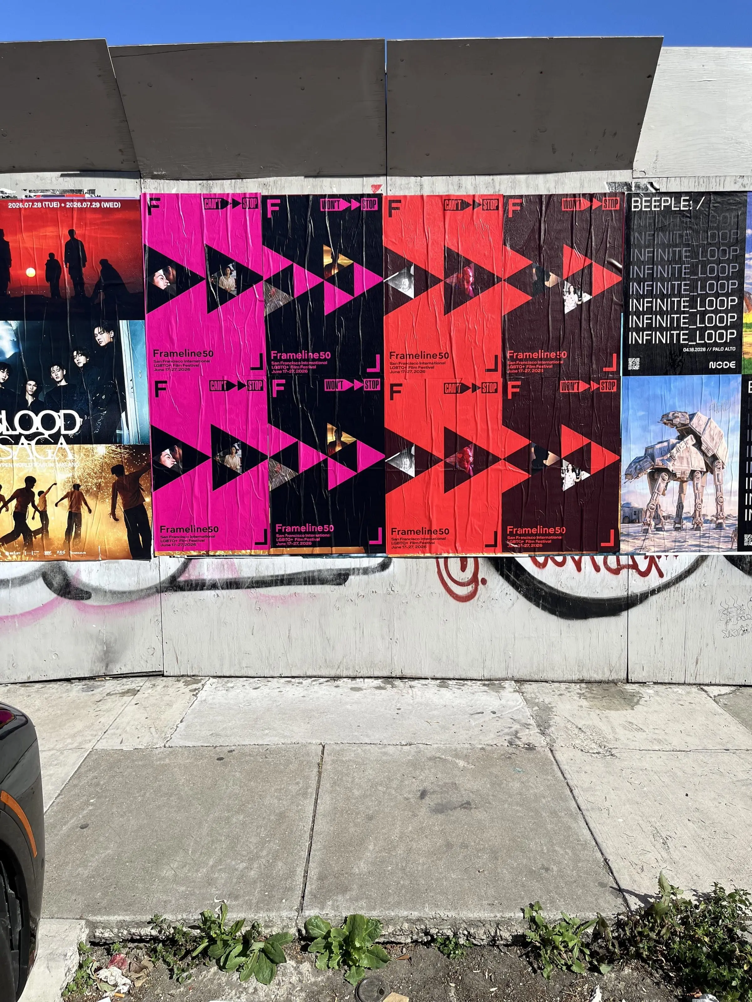 Frameline50 LGBTQ+ film festival wheatpaste posters in San Francisco, documented street install, by Beyond Street Media