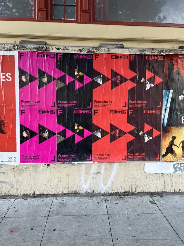 Frameline50 LGBTQ+ film festival wheatpaste posters in San Francisco, documented street install, by Beyond Street Media (photo 8 of 10).