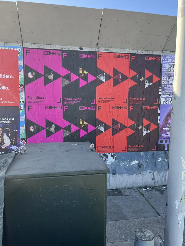 Frameline50 LGBTQ+ film festival wheatpaste posters in San Francisco, documented street install, by Beyond Street Media (photo 9 of 10).