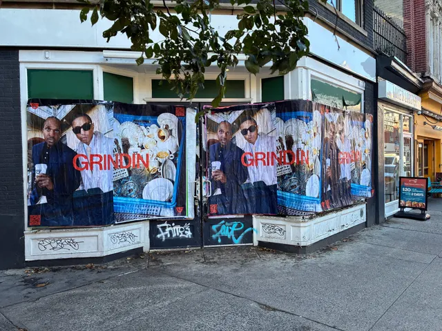 Grindin jumbo wheatpaste poster on a construction hoarding in New York City, installed by Beyond Street Media (photo 10 of 337).