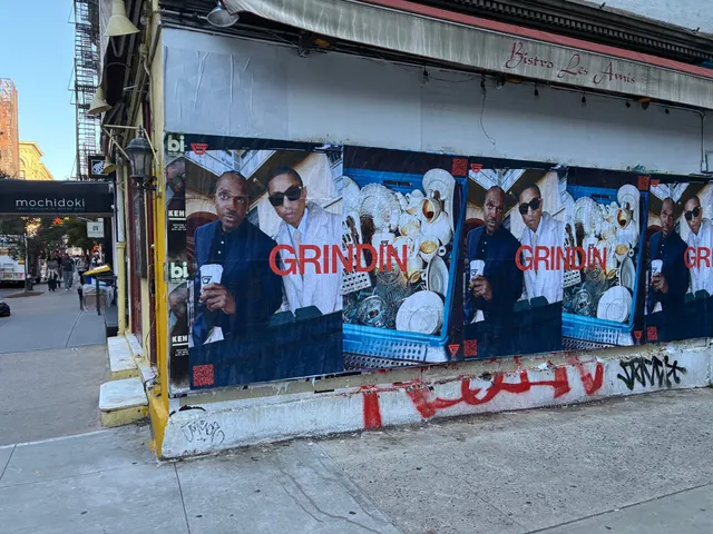 Grindin jumbo wheatpaste poster on a construction hoarding in New York City, installed by Beyond Street Media (photo 14 of 337).
