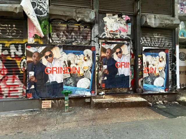 Grindin jumbo wheatpaste poster on a construction hoarding in New York City, installed by Beyond Street Media (photo 20 of 337).