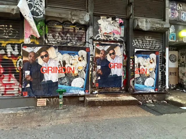 Grindin jumbo wheatpaste poster on a construction hoarding in New York City, installed by Beyond Street Media (photo 27 of 337).