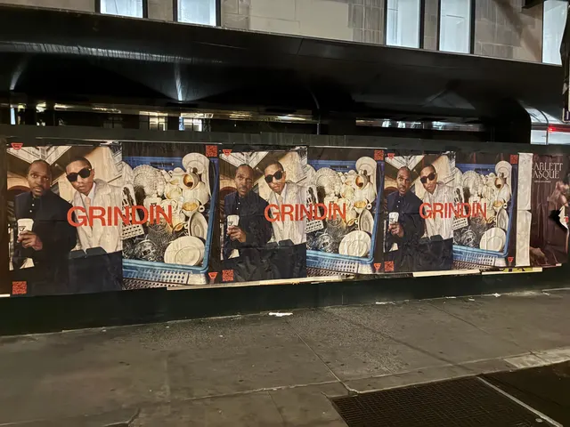 Grindin jumbo wheatpaste poster on a construction hoarding in New York City, installed by Beyond Street Media (photo 8 of 337).