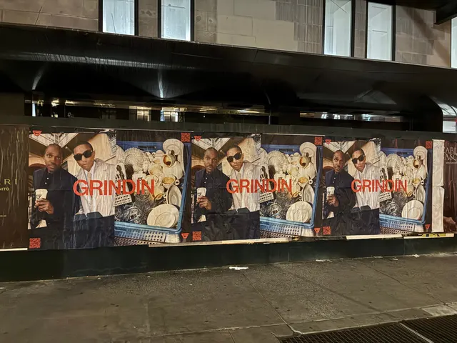 Grindin jumbo wheatpaste poster on a construction hoarding in New York City, installed by Beyond Street Media (photo 28 of 337).