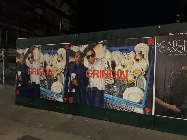 Grindin jumbo wheatpaste poster on a construction hoarding in New York City, installed by Beyond Street Media (photo 22 of 337).