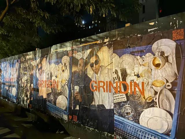 Grindin jumbo wheatpaste poster on a construction hoarding in New York City, installed by Beyond Street Media (photo 9 of 337).