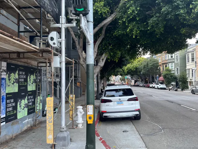 Huckberry wheatpaste posters behind scaffolding at Oak Street and Octavia Boulevard, Hayes Valley, a crossing signal and parked car at the curb