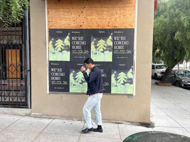 Huckberry wheatpaste posters on a boarded storefront at Hayes and Laguna, Hayes Valley, a pedestrian checking a phone in front
