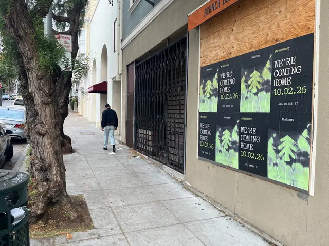 Huckberry wheatpaste posters on a boarded storefront at Hayes and Laguna, Hayes Valley, a gated doorway and a street tree beside it