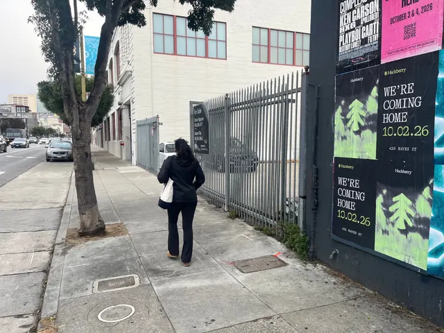 Huckberry wheatpaste posters on a black wall on Bryant Street near 10th, SoMa, a pedestrian walking along the fence line
