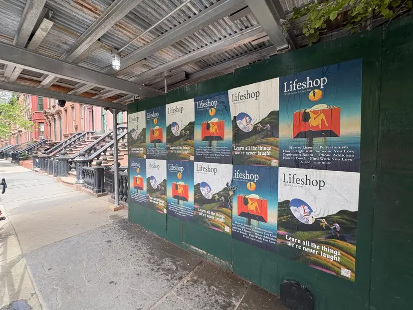 Lifeshop 'Learn all the things we're never taught' wheatpaste in New York City (Williamsburg scaffolding) by Beyond Street Media
