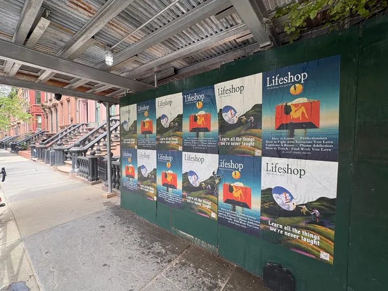 Lifeshop 'Learn all the things we're never taught' wheatpaste in New York City (Williamsburg scaffolding) by Beyond Street Media