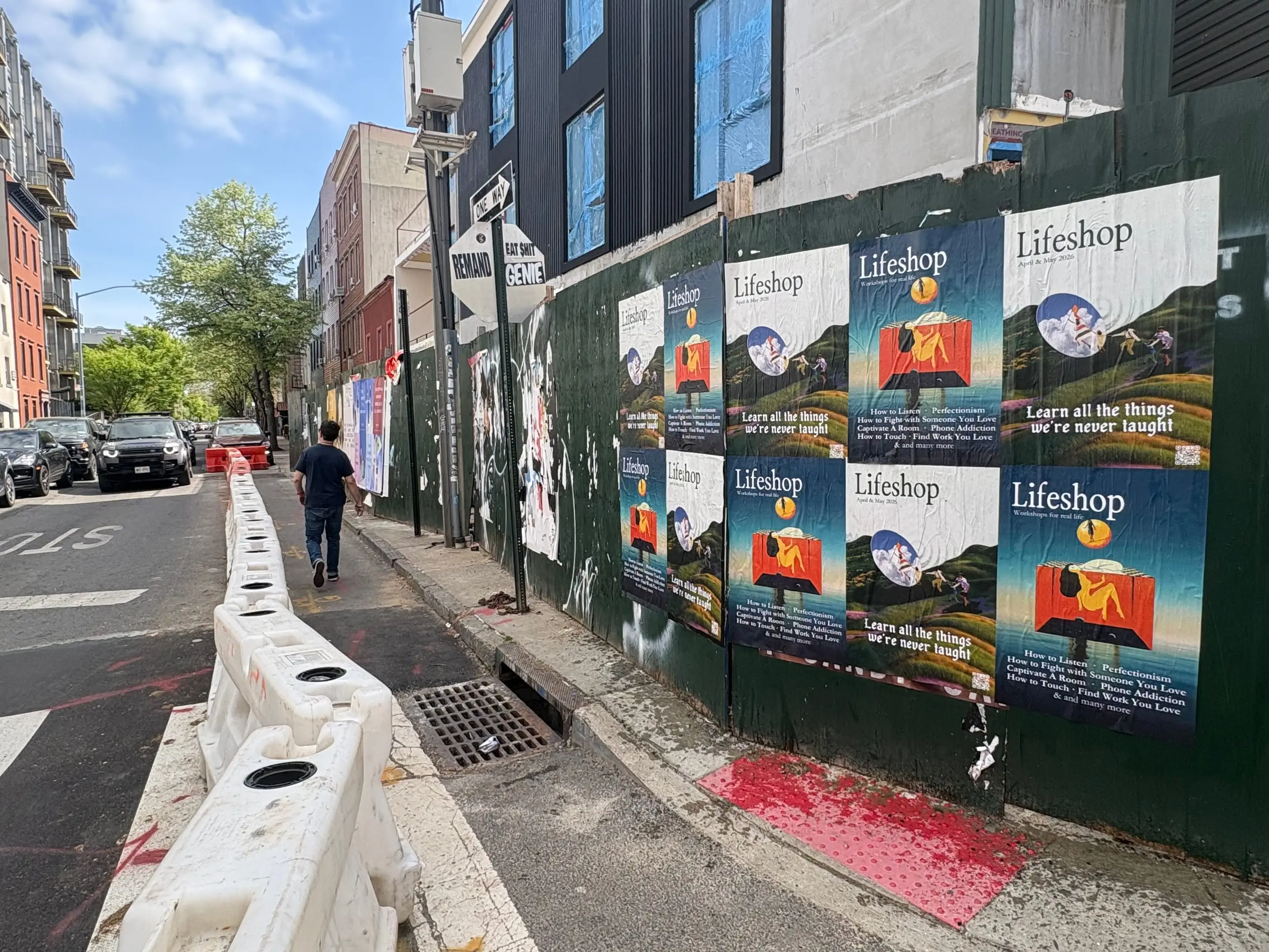 Lifeshop 'Learn all the things we're never taught' wheatpaste in New York City (Williamsburg scaffolding) by Beyond Street Media