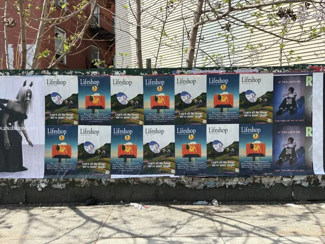 Lifeshop 'Learn all the things we're never taught' wheatpaste in New York City (Williamsburg scaffolding) by Beyond Street Media (photo 10 of 13).