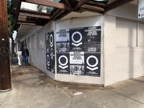 Wheatpaste poster install for Palantir Technologies on Honolulu, HI in Honolulu, HI, black-and-white 'Every Generation Faces Its Test / This Is Yours' paste-up poster install by Beyond Street Media (photo 1 of 11).