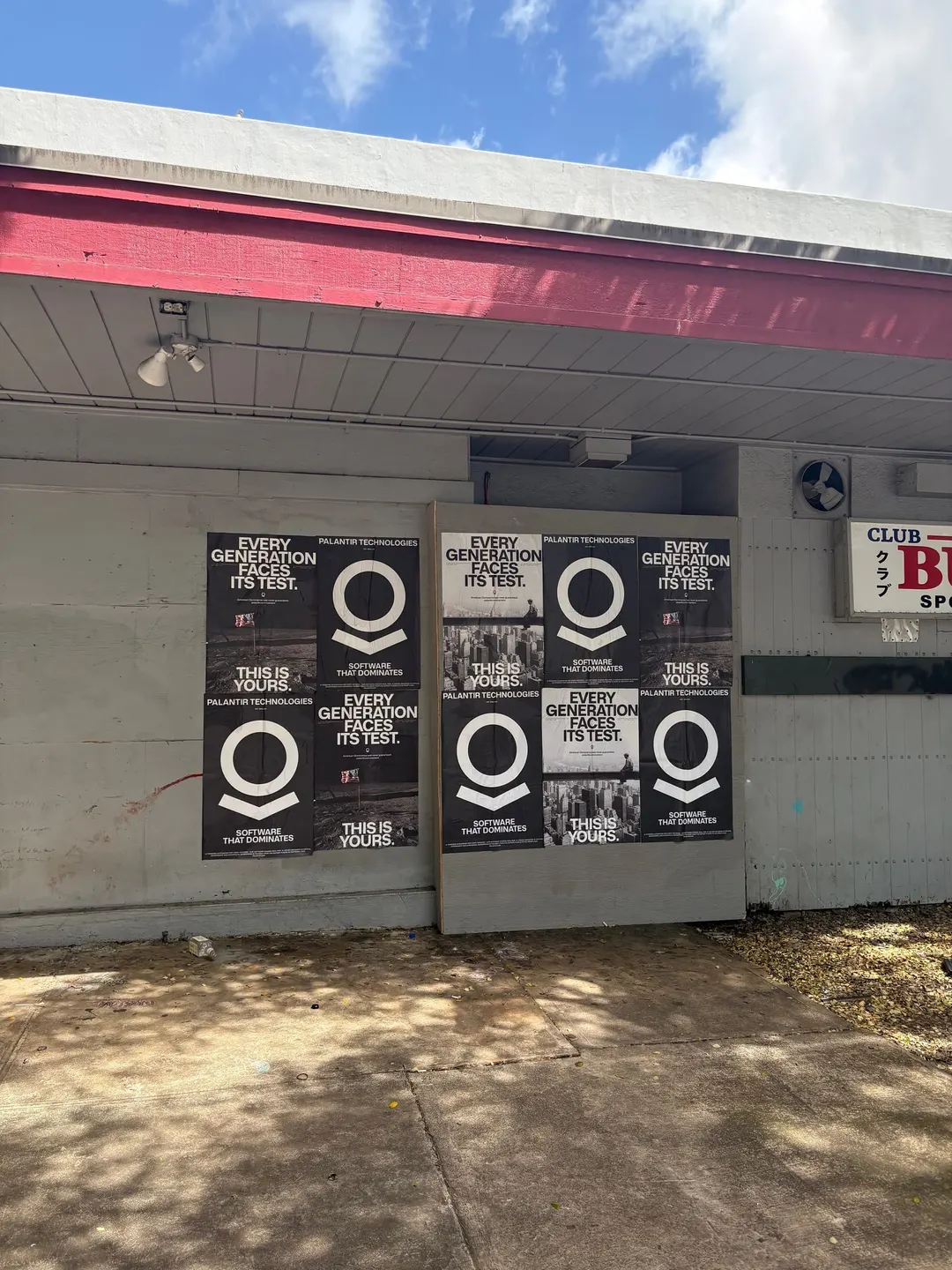 Wheatpaste poster install for Palantir Technologies on Honolulu, HI in Honolulu, HI, black-and-white 'Every Generation Faces Its Test / This Is Yours' paste-up poster install by Beyond Street Media (photo 4 of 11).