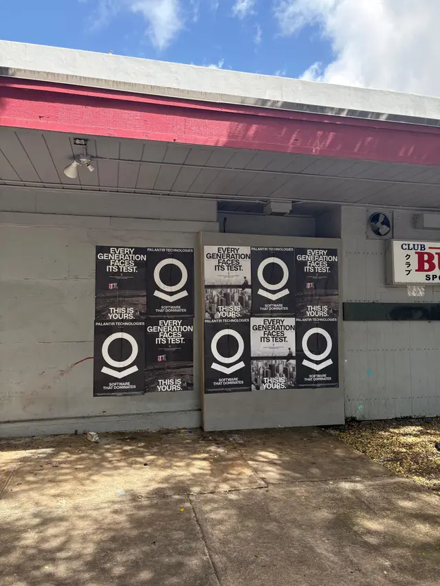 Wheatpaste poster install for Palantir Technologies on Honolulu, HI in Honolulu, HI, black-and-white 'Every Generation Faces Its Test / This Is Yours' paste-up poster install by Beyond Street Media (photo 7 of 11).