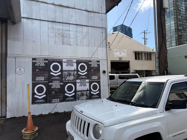 Wheatpaste poster install for Palantir Technologies on Honolulu, HI in Honolulu, HI, black-and-white 'Every Generation Faces Its Test / This Is Yours' paste-up poster install by Beyond Street Media (photo 11 of 11).
