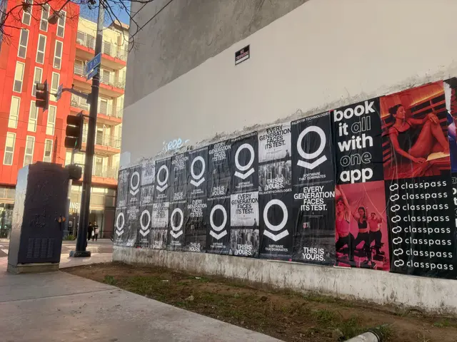 Wheatpaste poster install for Palantir Technologies on San Diego, CA in San Diego, CA, black-and-white 'Every Generation Faces Its Test / This Is Yours' paste-up poster install by Beyond Street Media (photo 44 of 45).