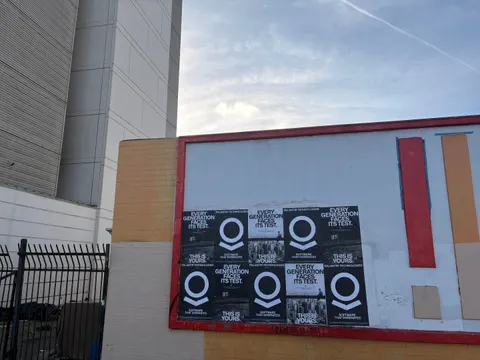 Wheatpaste poster install for Palantir Technologies on San Diego, CA in San Diego, CA, black-and-white 'Every Generation Faces Its Test / This Is Yours' paste-up poster install by Beyond Street Media (photo 11 of 45).