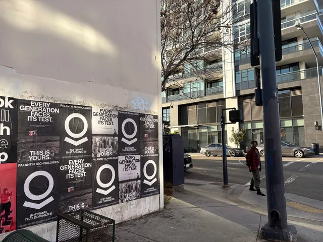 Wheatpaste poster install for Palantir Technologies on San Diego, CA in San Diego, CA, black-and-white 'Every Generation Faces Its Test / This Is Yours' paste-up poster install by Beyond Street Media (photo 12 of 45).