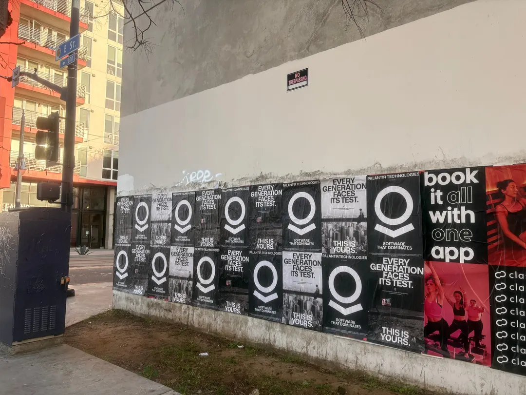 Wheatpaste poster install for Palantir Technologies on San Diego, CA in San Diego, CA, black-and-white 'Every Generation Faces Its Test / This Is Yours' paste-up poster install by Beyond Street Media (photo 14 of 45).