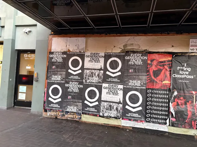 Wheatpaste poster install for Palantir Technologies on San Diego, CA in San Diego, CA, black-and-white 'Every Generation Faces Its Test / This Is Yours' paste-up poster install by Beyond Street Media (photo 19 of 45).