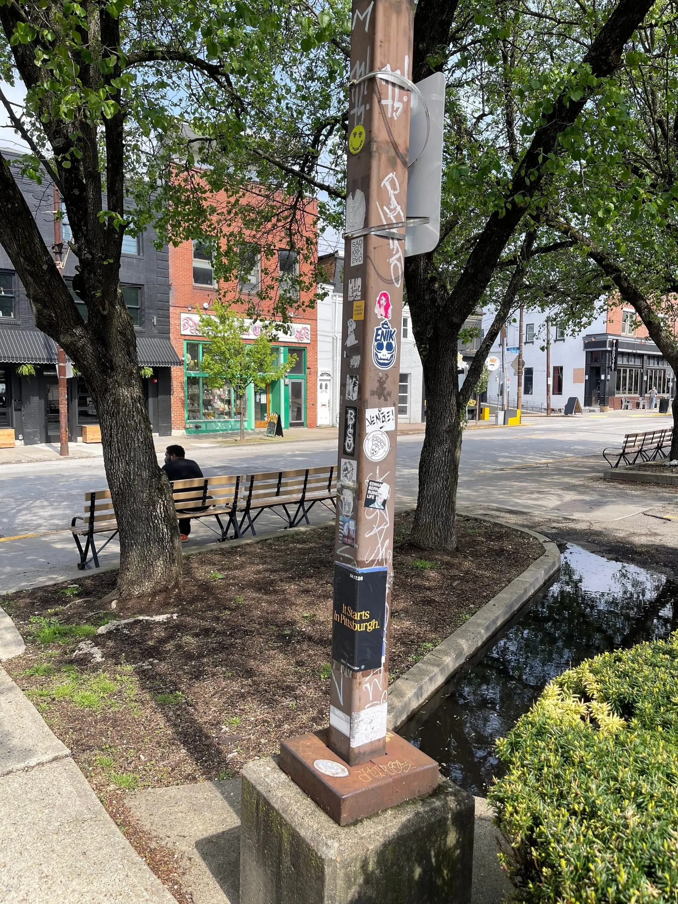 Pole sticker campaign for 'It Starts In Pittsburgh' on city light poles in Pittsburgh, PA by Beyond Street Media