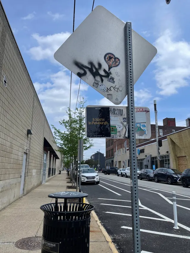 Pole sticker campaign for 'It Starts In Pittsburgh' on city light poles in Pittsburgh, PA by Beyond Street Media (photo 10 of 46).