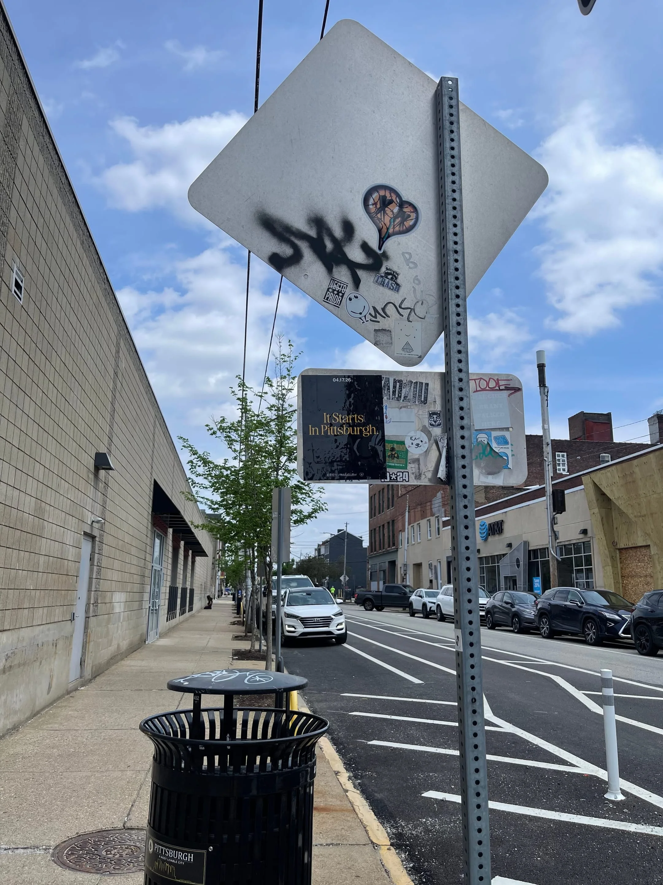 Pole sticker campaign for 'It Starts In Pittsburgh' on city light poles in Pittsburgh, PA by Beyond Street Media
