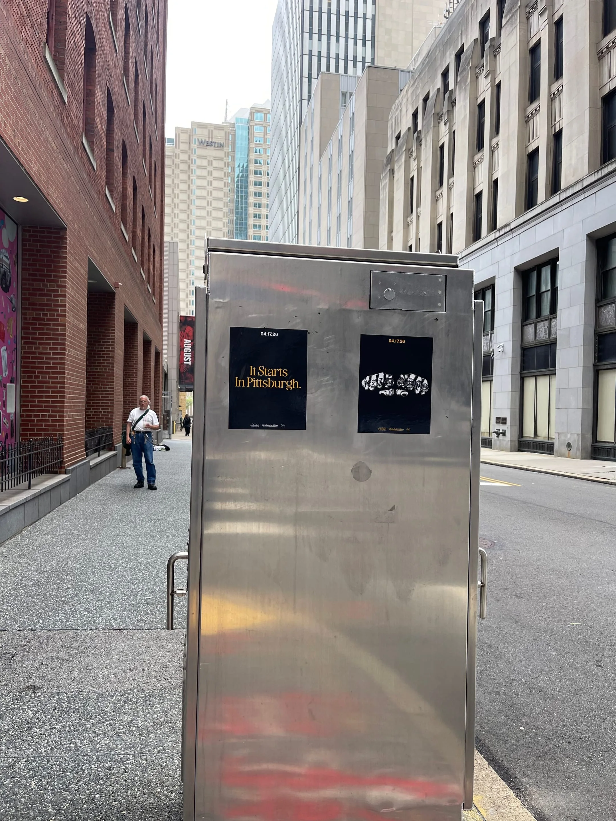 Pole sticker campaign for 'It Starts In Pittsburgh' on city light poles in Pittsburgh, PA by Beyond Street Media