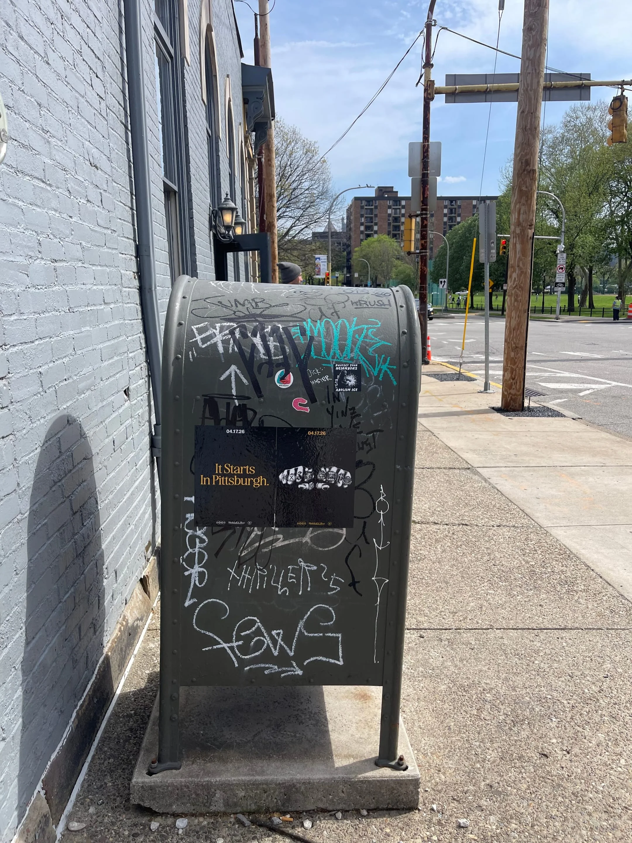Pole sticker campaign for 'It Starts In Pittsburgh' on city light poles in Pittsburgh, PA by Beyond Street Media