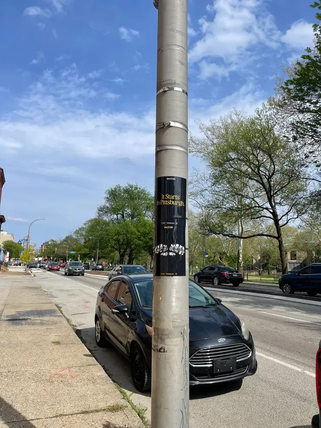 Pole sticker campaign for 'It Starts In Pittsburgh' on city light poles in Pittsburgh, PA by Beyond Street Media (photo 16 of 46).