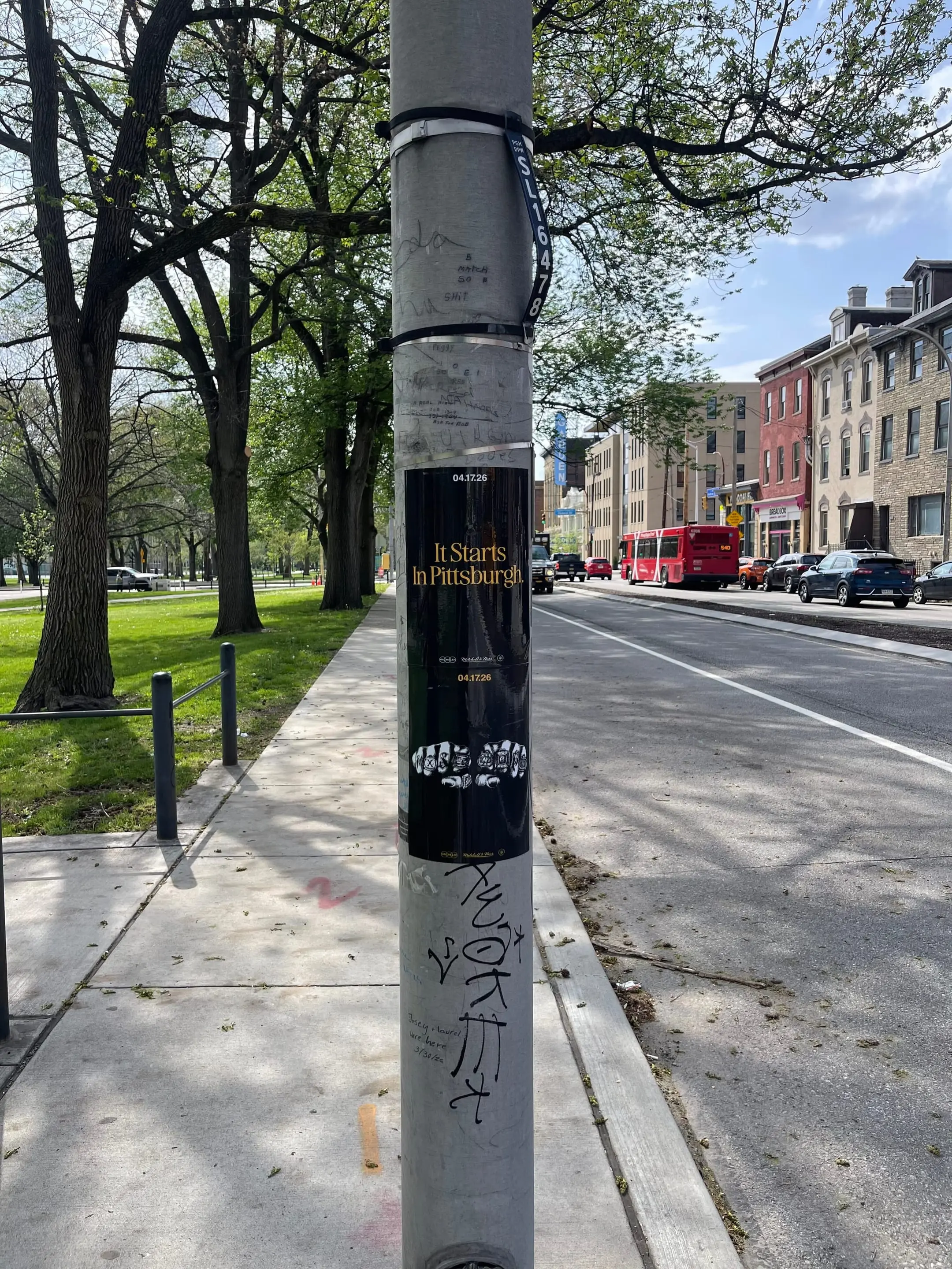 Pole sticker campaign for 'It Starts In Pittsburgh' on city light poles in Pittsburgh, PA by Beyond Street Media