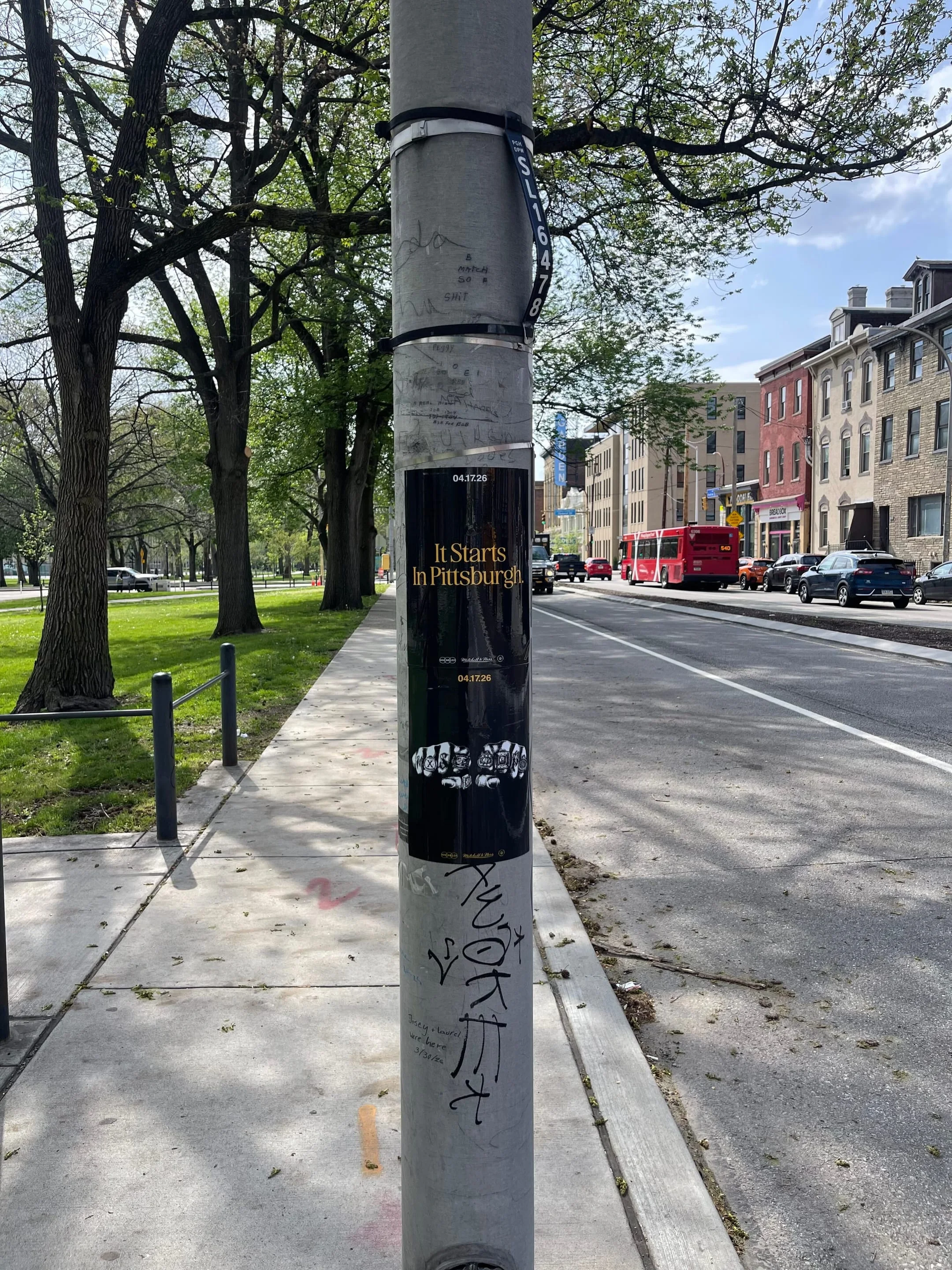 Pole sticker campaign for 'It Starts In Pittsburgh' on city light poles in Pittsburgh, PA by Beyond Street Media