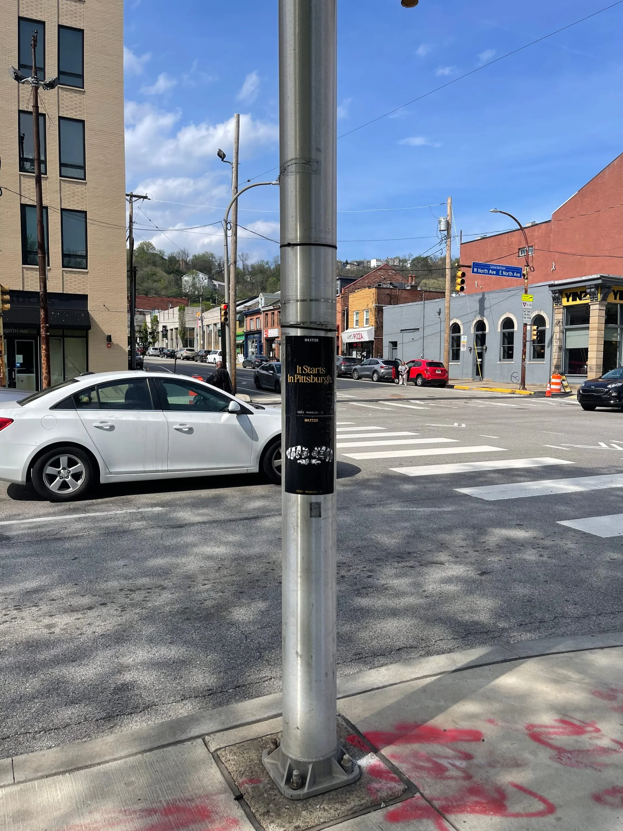 Pole sticker campaign for 'It Starts In Pittsburgh' on city light poles in Pittsburgh, PA by Beyond Street Media