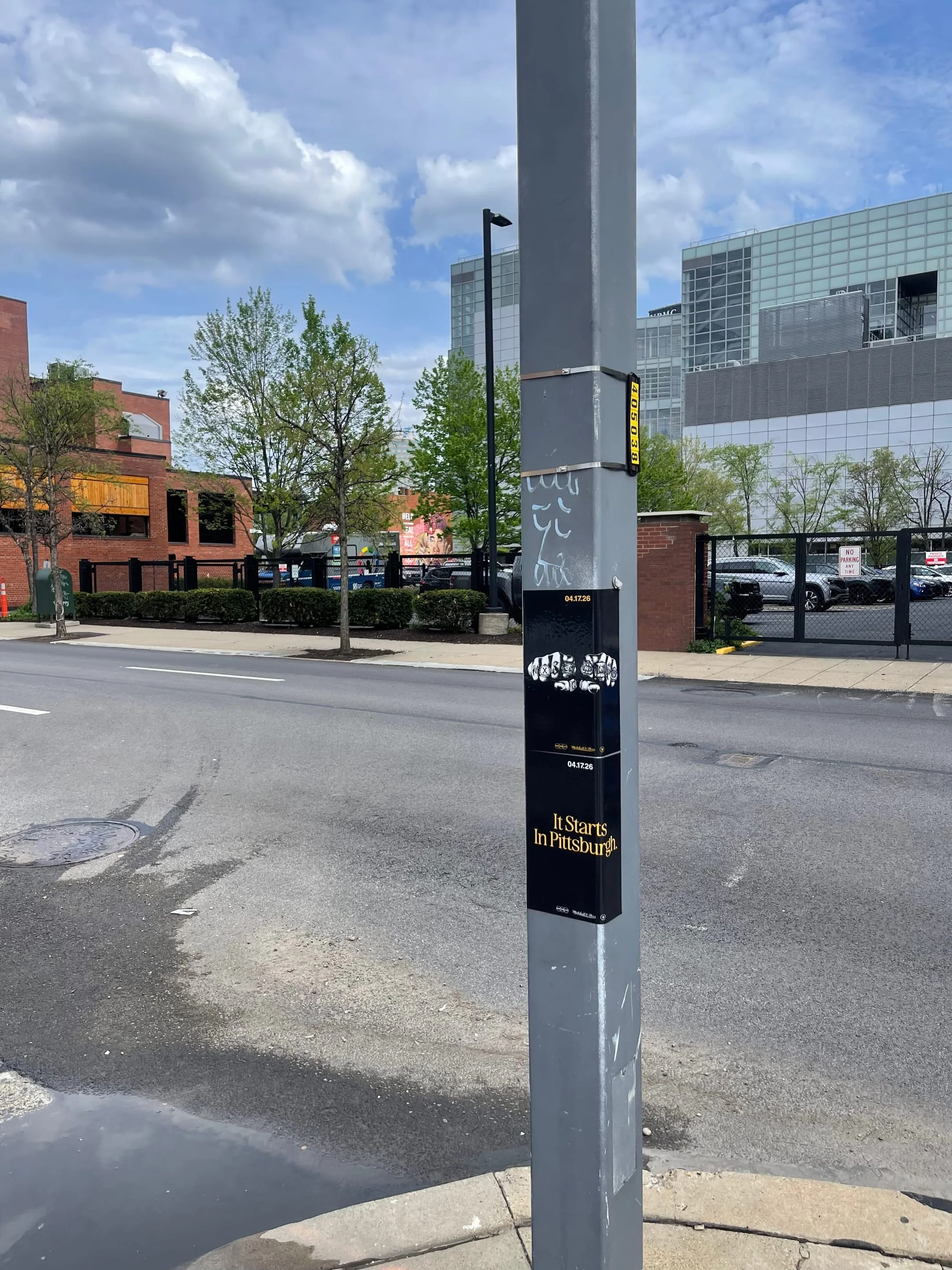 Pole sticker campaign for 'It Starts In Pittsburgh' on city light poles in Pittsburgh, PA by Beyond Street Media