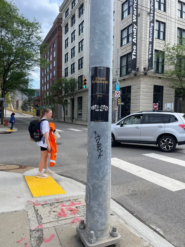 Pole sticker campaign for 'It Starts In Pittsburgh' on city light poles in Pittsburgh, PA by Beyond Street Media (photo 20 of 46).