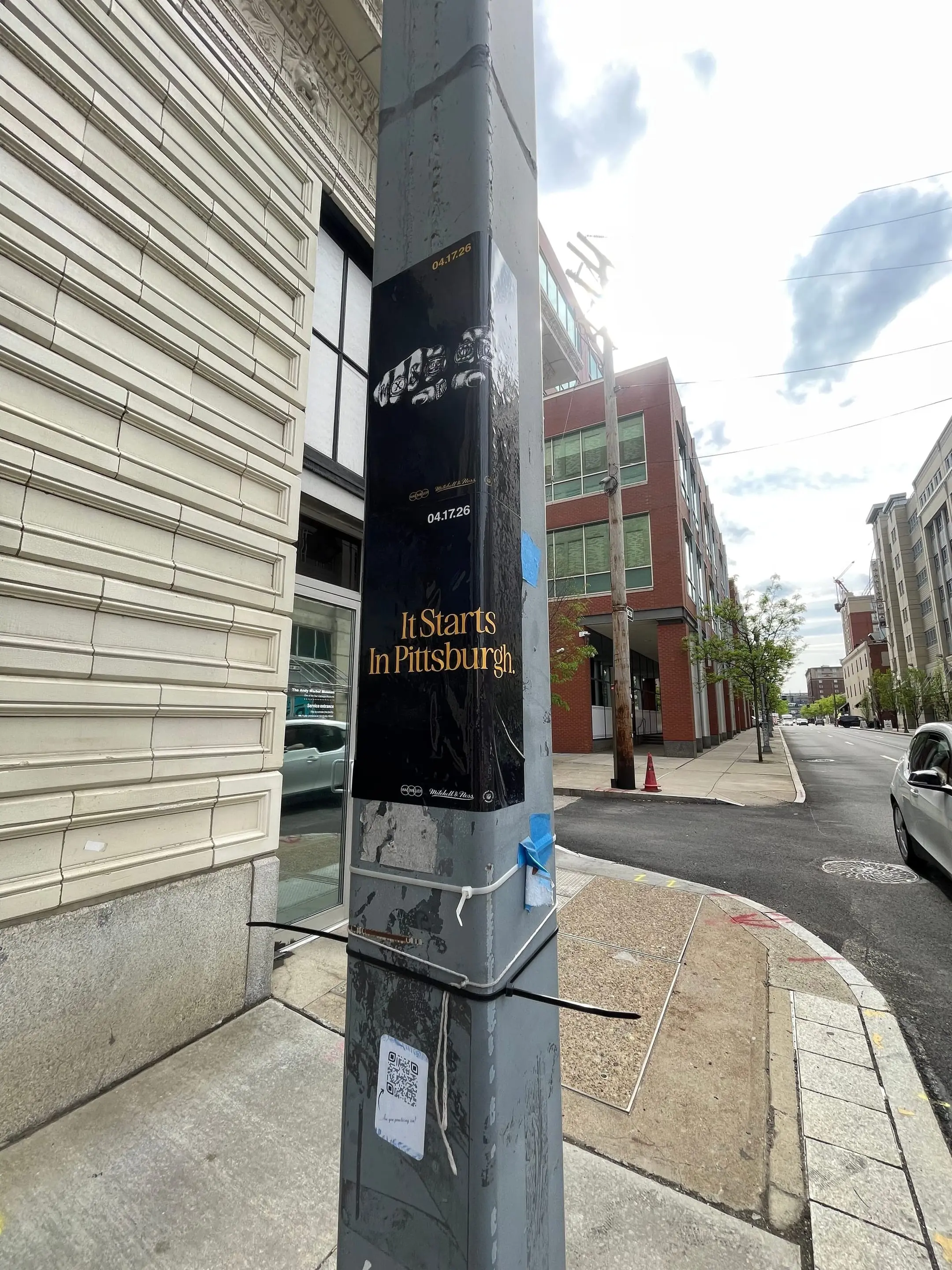 Pole sticker campaign for 'It Starts In Pittsburgh' on city light poles in Pittsburgh, PA by Beyond Street Media