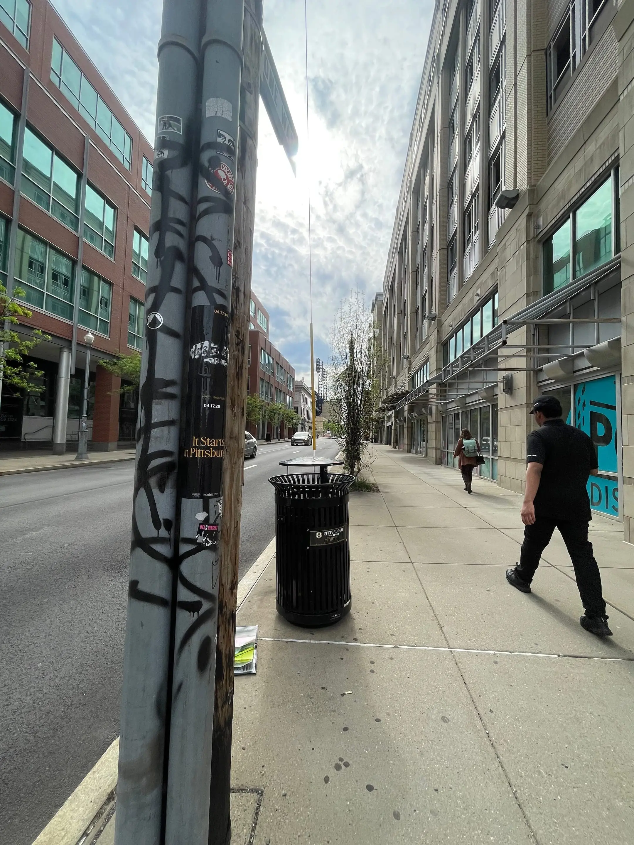 Pole sticker campaign for 'It Starts In Pittsburgh' on city light poles in Pittsburgh, PA by Beyond Street Media