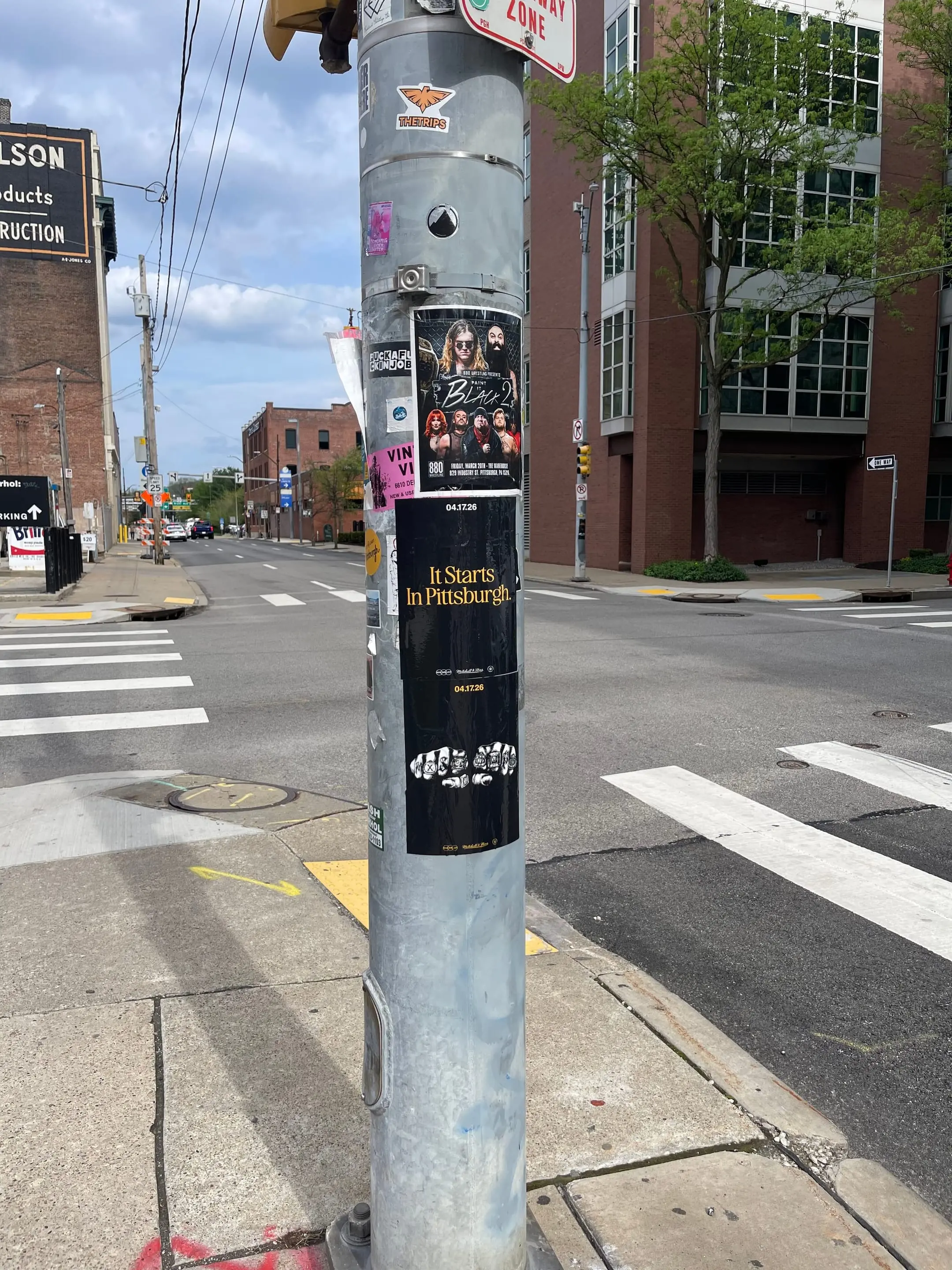 Pole sticker campaign for 'It Starts In Pittsburgh' on city light poles in Pittsburgh, PA by Beyond Street Media