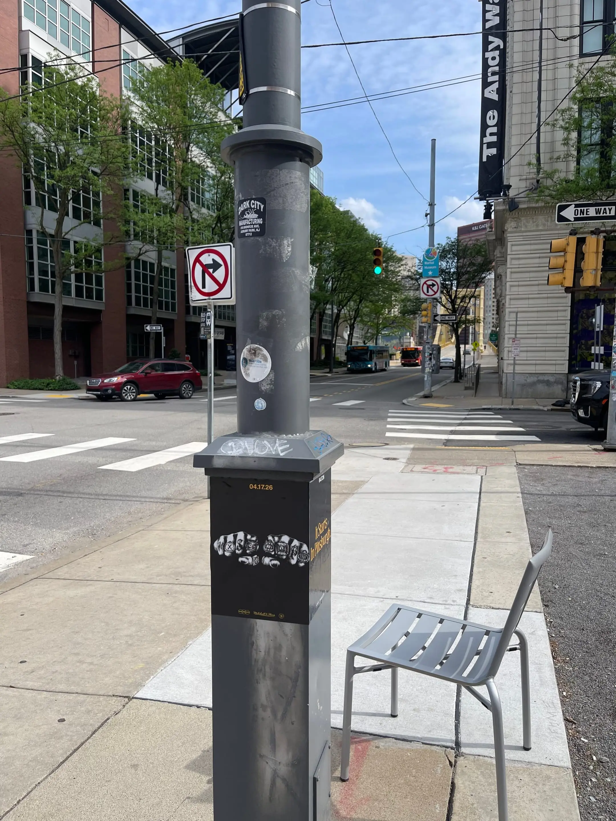 Pole sticker campaign for 'It Starts In Pittsburgh' on city light poles in Pittsburgh, PA by Beyond Street Media