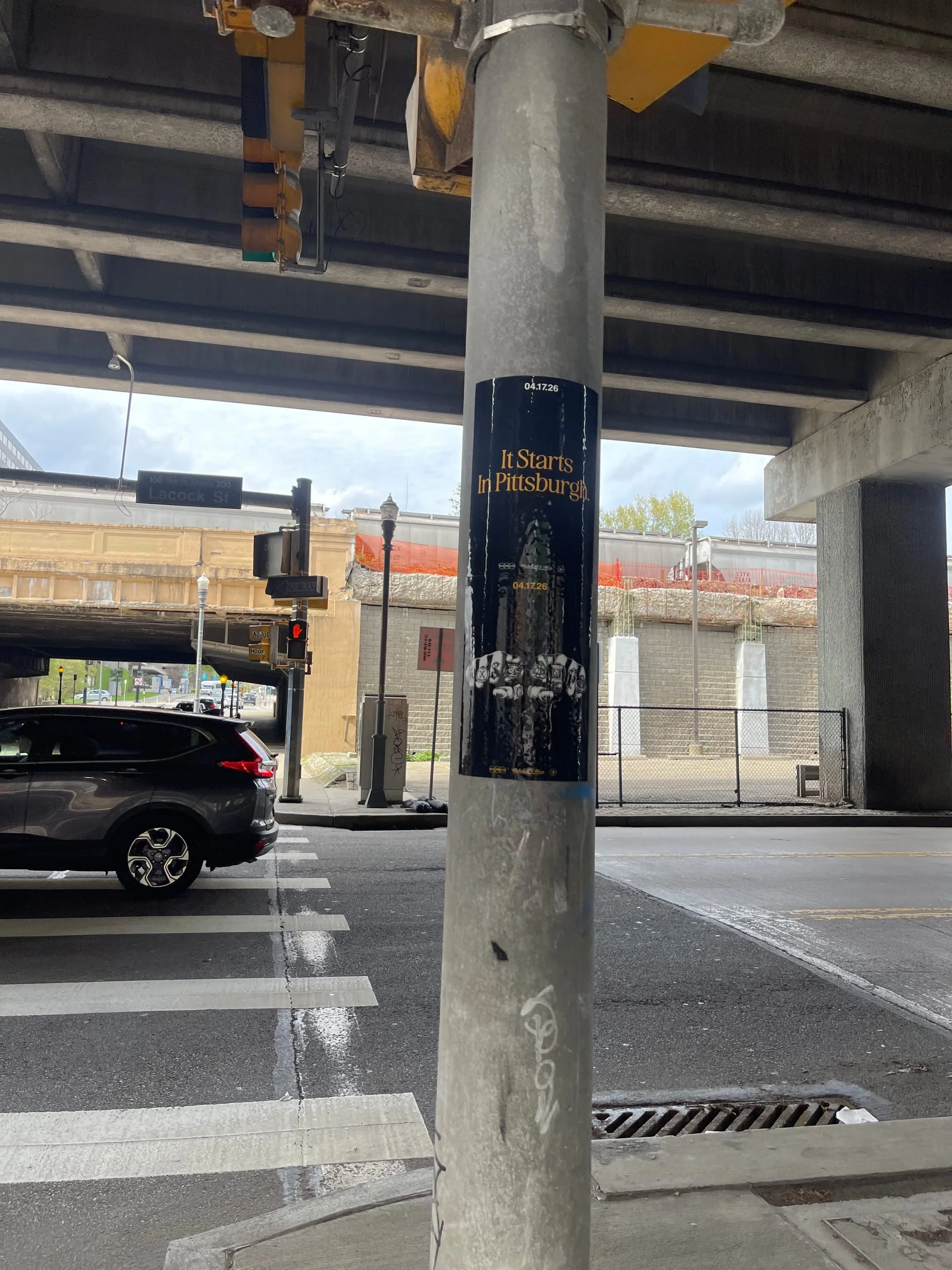 Pole sticker campaign for 'It Starts In Pittsburgh' on city light poles in Pittsburgh, PA by Beyond Street Media