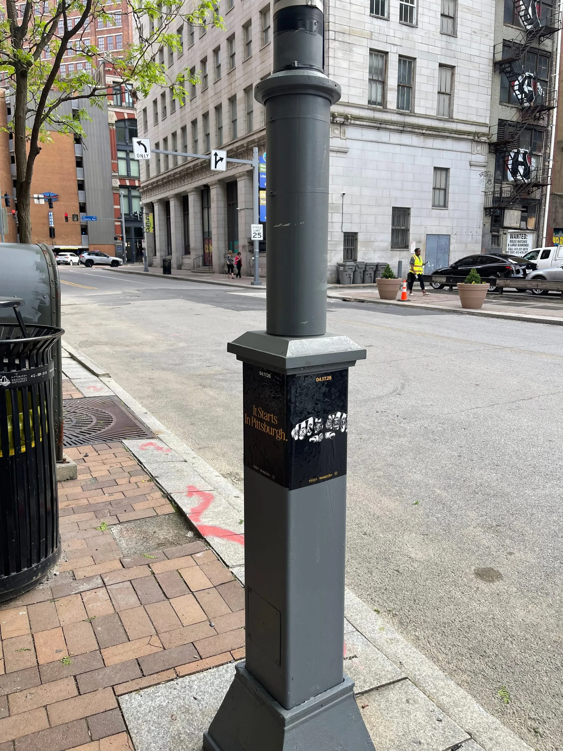 Pole sticker campaign for 'It Starts In Pittsburgh' on city light poles in Pittsburgh, PA by Beyond Street Media