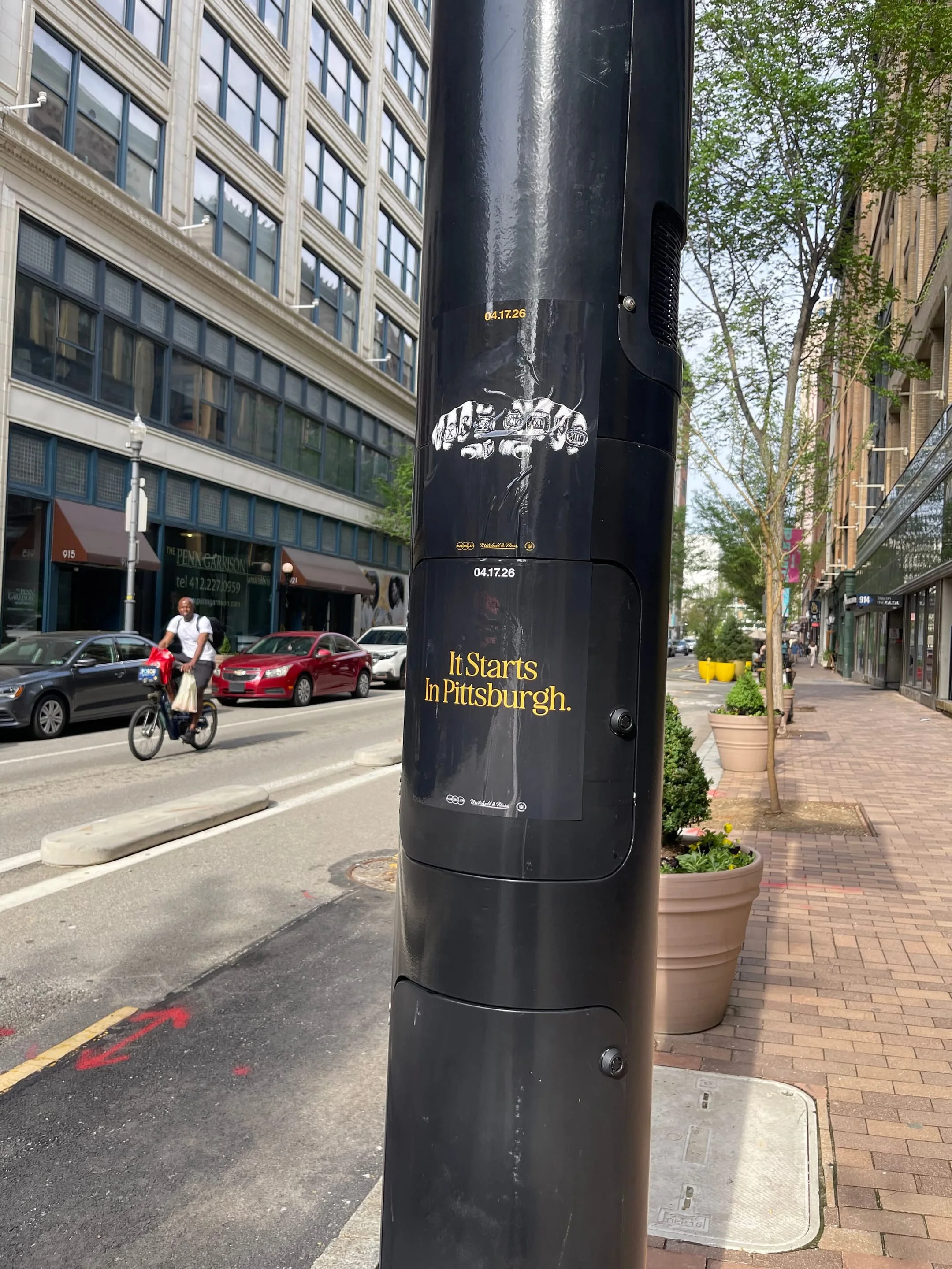 Pole sticker campaign for 'It Starts In Pittsburgh' on city light poles in Pittsburgh, PA by Beyond Street Media