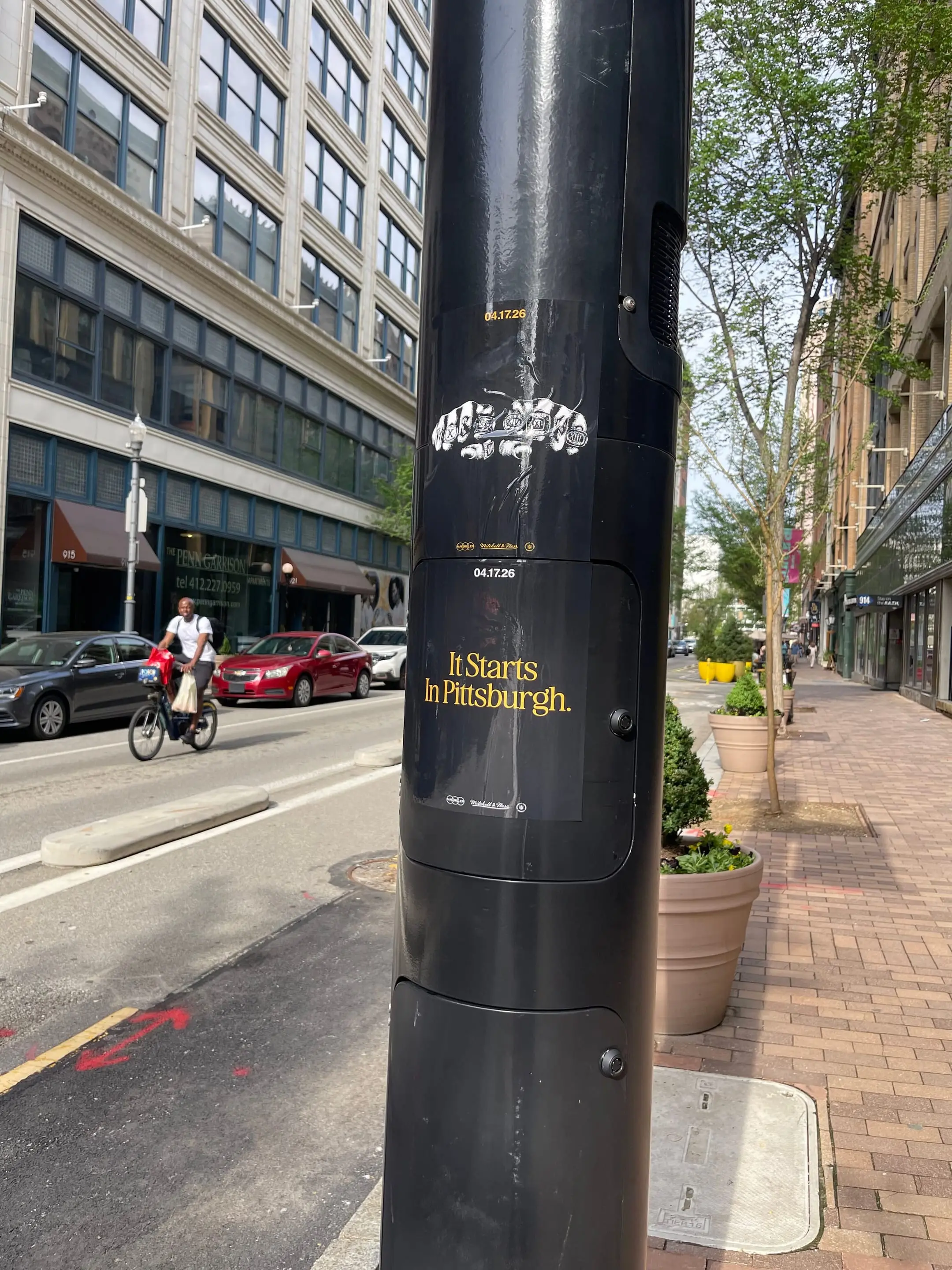 Pole sticker campaign for 'It Starts In Pittsburgh' on city light poles in Pittsburgh, PA by Beyond Street Media